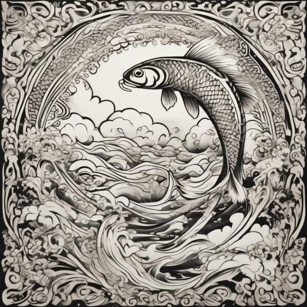 Koi fish leaping over a gentle waterfall Design Featuring tribal style tattoo