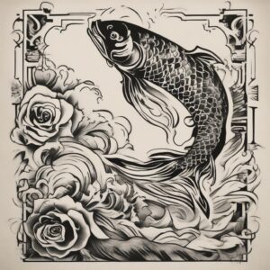 Koi fish leaping over a gentle waterfall Design Featuring stencil style tattoo