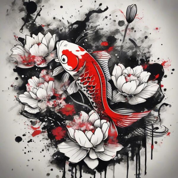 Koi fish swimming among lotus flowers Design Featuring trash polka style tattoo