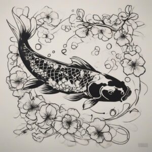 Koi fish swimming beneath cherry blossom petals Design Featuring stencil style tattoo