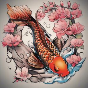 Koi fish swimming beneath cherry blossom petals Design Featuring neo-traditional style tattoo