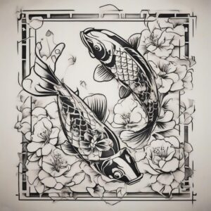 Koi fish swimming beneath cherry blossom petals Design Featuring stencil style tattoo