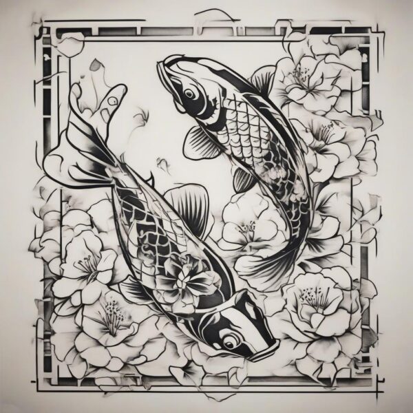 Koi fish swimming beneath cherry blossom petals Design Featuring stencil style tattoo