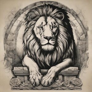 Lion resting beside an ancient stone monolith Design Featuring stencil style tattoo