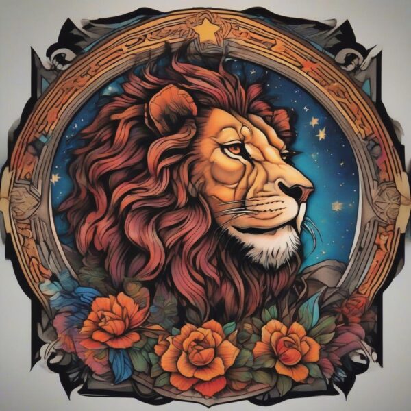 Lion resting under a starry sky Design Featuring neo-traditional style tattoo