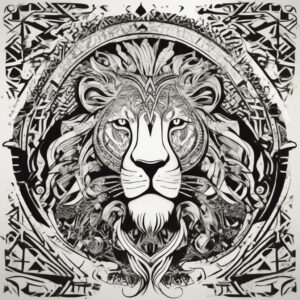 Lion resting under a starry sky Design Featuring tribal style tattoo