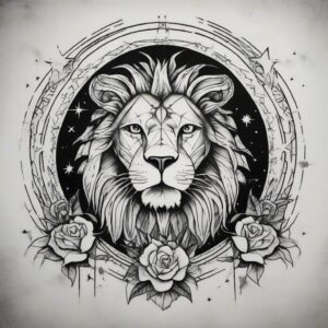 Lion resting under a starry sky Design Featuring stencil style tattoo