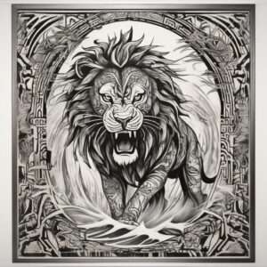 Lion roaring at the edge of a roaring waterfall Design Featuring tribal style tattoo