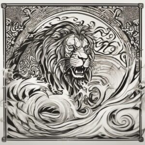 Lion roaring at the edge of a roaring waterfall Design Featuring tribal style tattoo