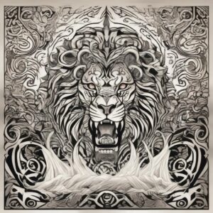 Lion roaring at the edge of a roaring waterfall Design Featuring tribal style tattoo