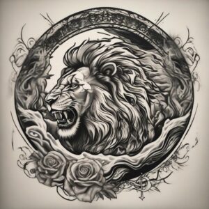 Lion roaring at the edge of a roaring waterfall Design Featuring stencil style tattoo