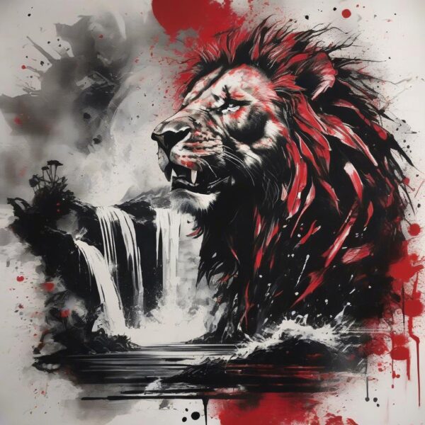 Lion roaring at the edge of a roaring waterfall Design Featuring trash polka style tattoo