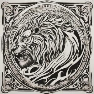 Lion roaring at the edge of a roaring waterfall Design Featuring tribal style tattoo