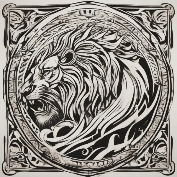 Lion roaring at the edge of a roaring waterfall Design Featuring tribal style tattoo