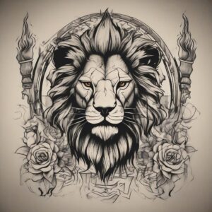 Lion standing next to a burning torch Design Featuring stencil style tattoo