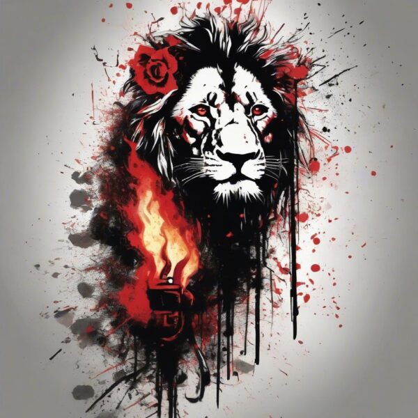 Lion standing next to a burning torch Design Featuring trash polka style tattoo