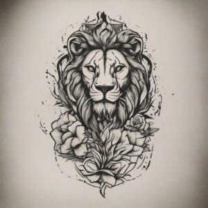 Lion standing next to a burning torch Design Featuring stencil style tattoo