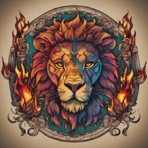 Lion standing next to a burning torch Design Featuring neo-traditional style tattoo