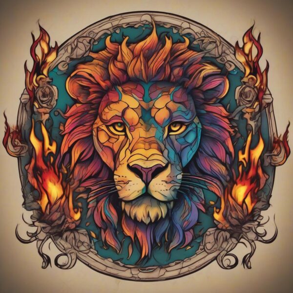 Lion standing next to a burning torch Design Featuring neo-traditional style tattoo