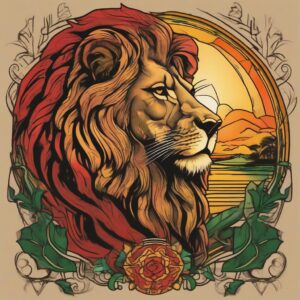 Lion standing on a golden savanna at sunset Design Featuring traditional style tattoo