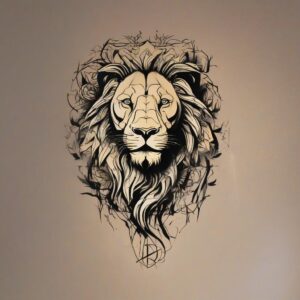 Lion standing on a golden savanna at sunset Design Featuring stencil style tattoo