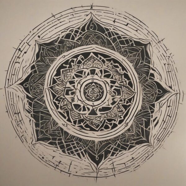 Mandala drawn with celestial golden ink Design Featuring stencil style tattoo