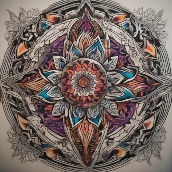 Mandala etched into a silver shield Design Featuring neo-traditional style tattoo