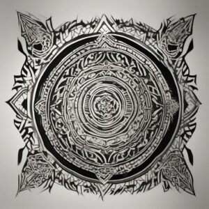 Mandala etched into a silver shield Design Featuring tribal style tattoo