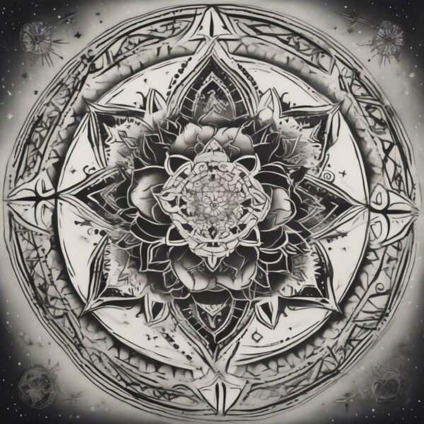 Mandala floating in cosmic space Design Featuring stencil style tattoo