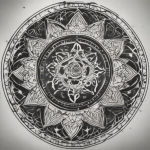 Mandala floating in cosmic space Design Featuring stencil style tattoo