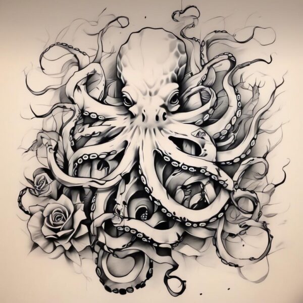 Octopus camouflaged against a coral reef Design Featuring stencil style tattoo