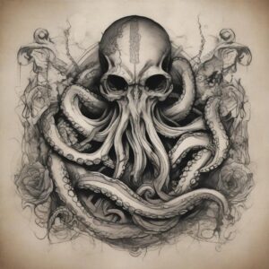 Octopus entangled in the wreckage of an ancient vessel Design Featuring stencil style tattoo