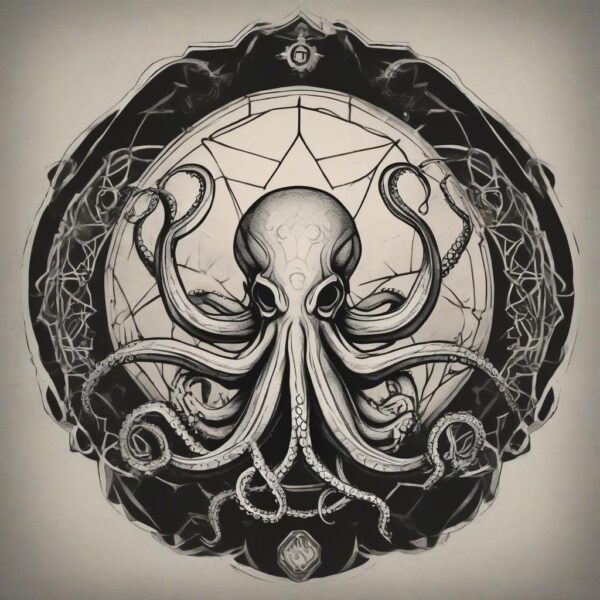 Octopus extending its arms toward a glowing crystal Design Featuring stencil style tattoo