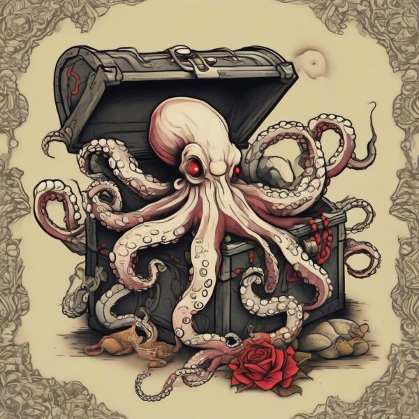 Octopus wrapping its tentacles around a treasure chest Design Featuring traditional style tattoo