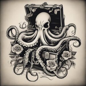 Octopus wrapping its tentacles around a treasure chest Design Featuring stencil style tattoo