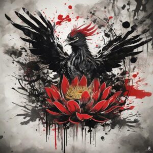 Phoenix circling above a blooming lotus pond Design Featuring trash polka style tattoo