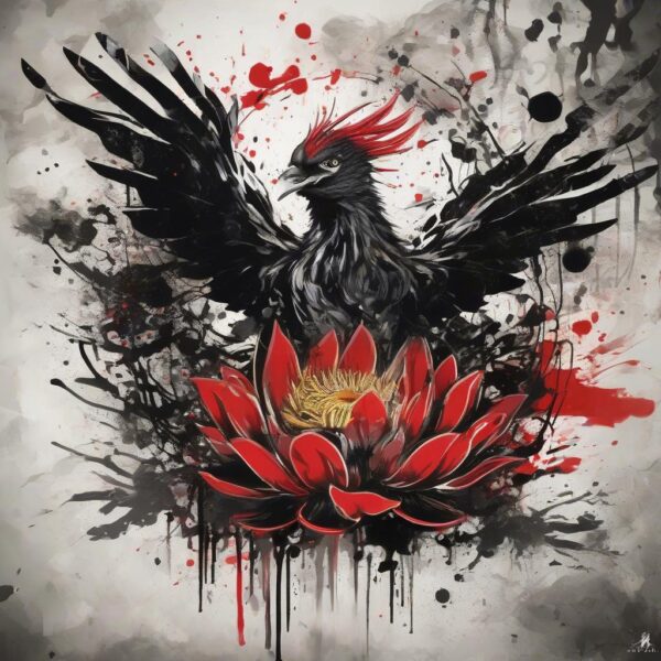 Phoenix circling above a blooming lotus pond Design Featuring trash polka style tattoo