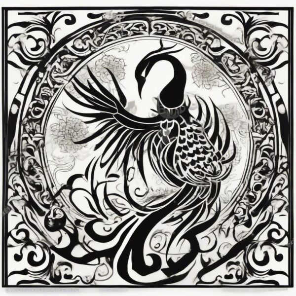 Phoenix circling above a blooming lotus pond Design Featuring tribal style tattoo