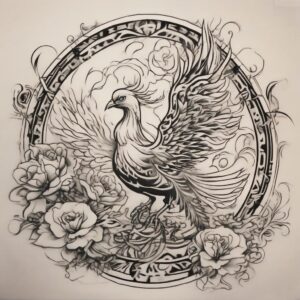 Phoenix circling above a blooming lotus pond Design Featuring stencil style tattoo