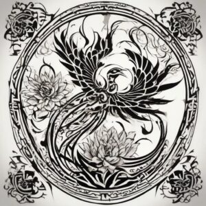 Phoenix circling above a blooming lotus pond Design Featuring tribal style tattoo