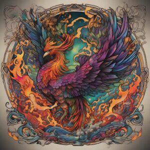 Phoenix dancing in the midnight aurora Design Featuring neo-traditional style tattoo