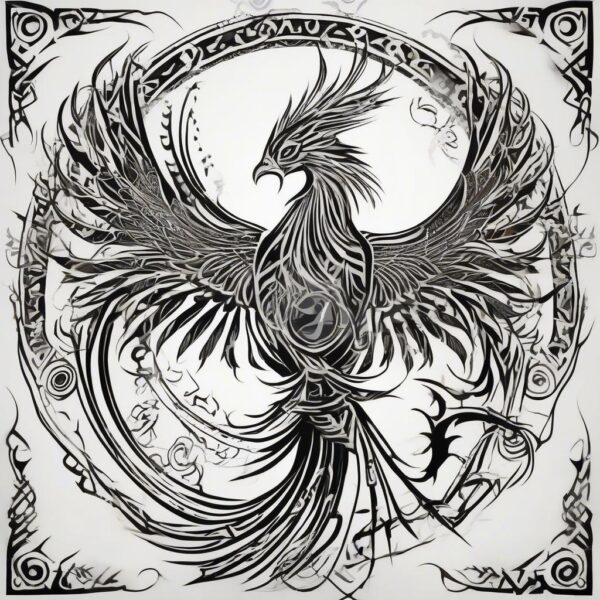 Phoenix dancing in the midnight aurora Design Featuring tribal style tattoo