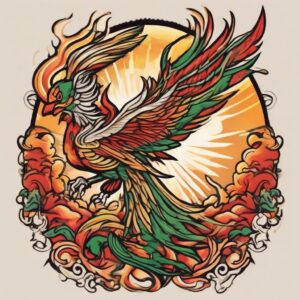 Phoenix flying through a fiery sunset Design Featuring traditional style tattoo