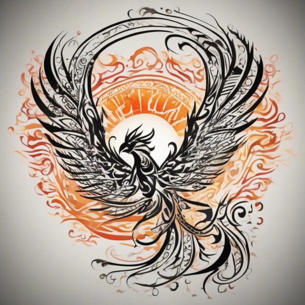 Phoenix flying through a fiery sunset Design Featuring tribal style tattoo