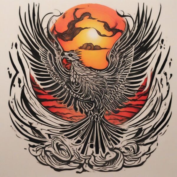 Phoenix flying through a fiery sunset Design Featuring stencil style tattoo