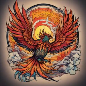 Phoenix flying through a fiery sunset Design Featuring neo-traditional style tattoo