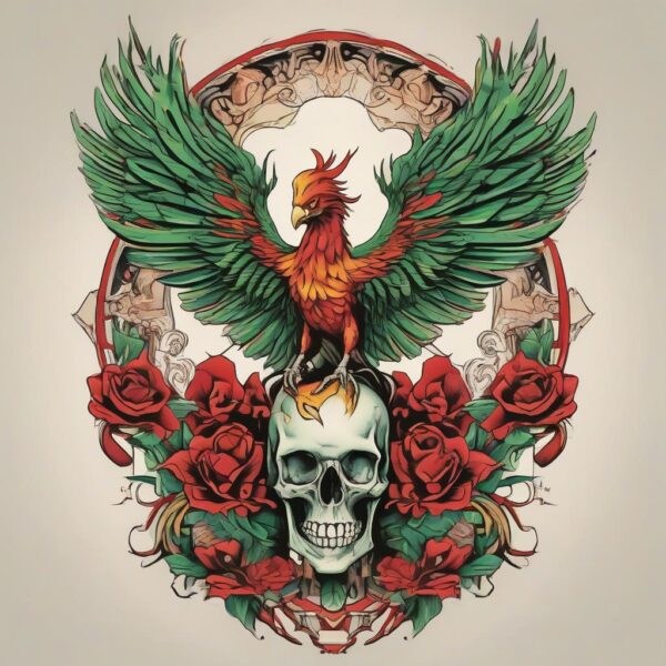 Phoenix perched atop an ancient skull Design Featuring traditional style tattoo