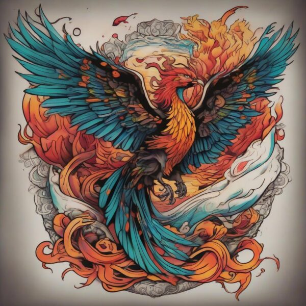 Phoenix resting on a floating island Design Featuring neo-traditional style tattoo