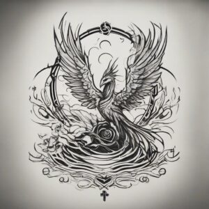 Phoenix resting on a floating island Design Featuring stencil style tattoo