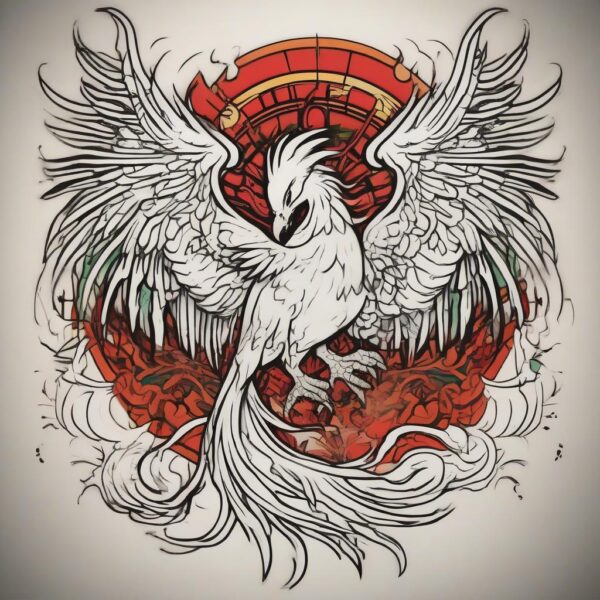 Phoenix spreading its wings beside a celestial waterfall Design Featuring traditional style tattoo